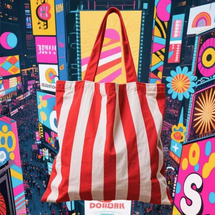 城市出行的一抹靓眼风景---竖纹红白帆布袋